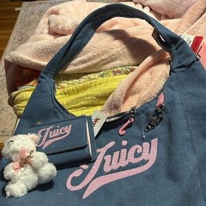 Juicy Couture Denim-Style Kids Shoulder Bag with Pink Logo & Charm